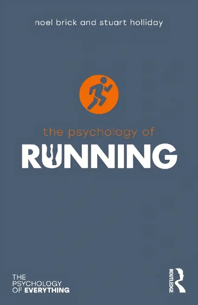 De psychologie van hardlopen boekcover met oranje cirkel en een hardloper pictogram boven de witte titel