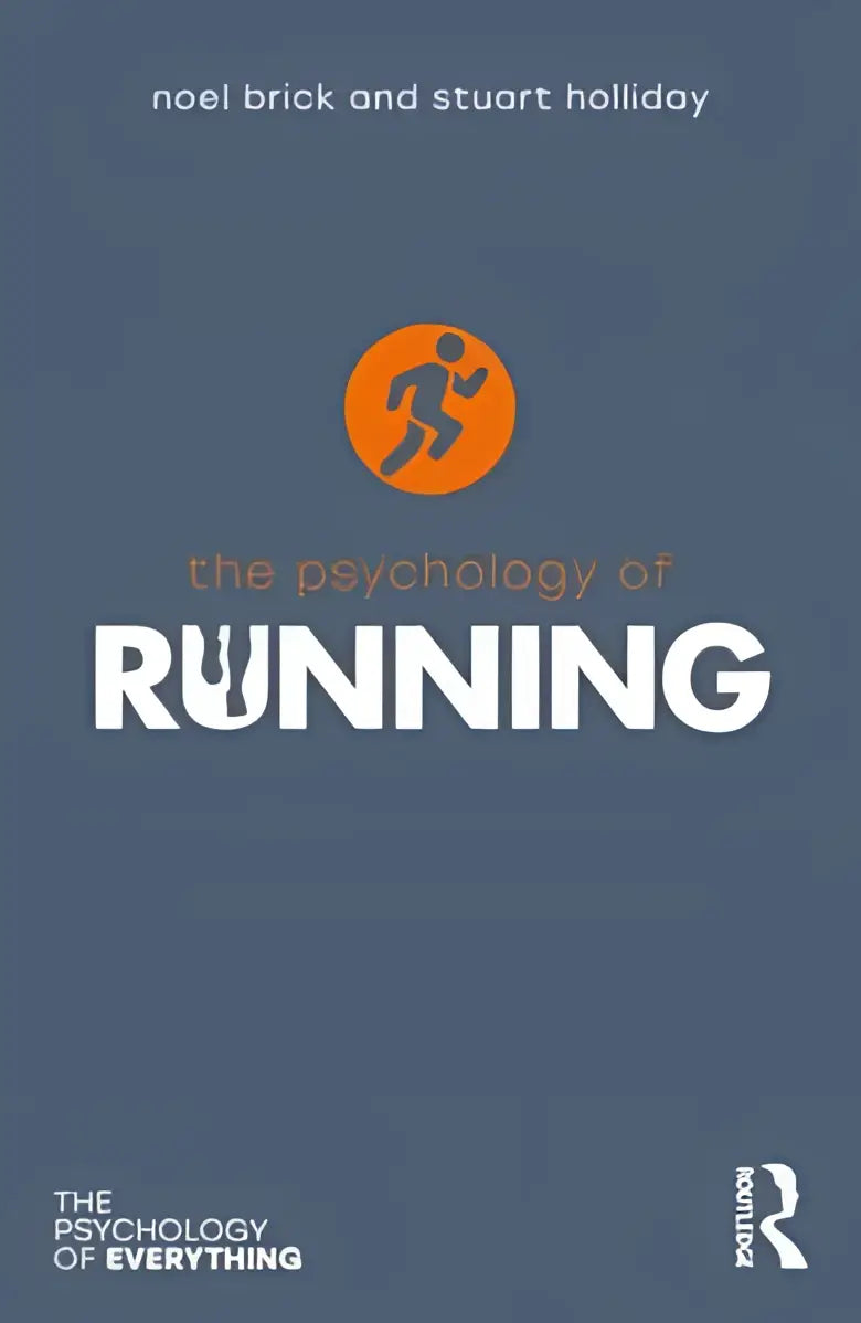 Boek the psychology of running van noel brick en stuart holliday met minimalistisch ontwerp en witte letters op blauw