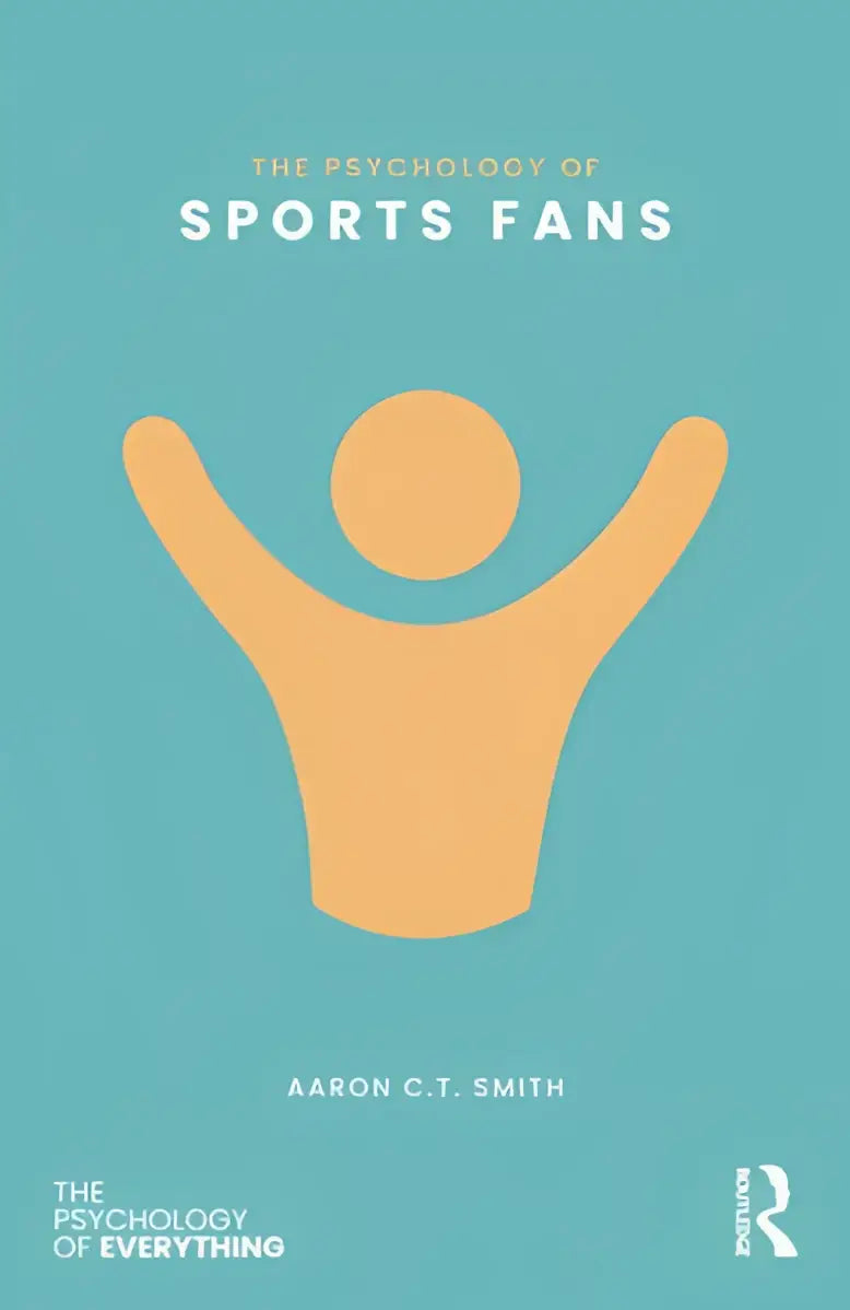 The psychology of sports fans boek met minimalistische oranje silhouet van juichende figuur op effen teal achtergrond