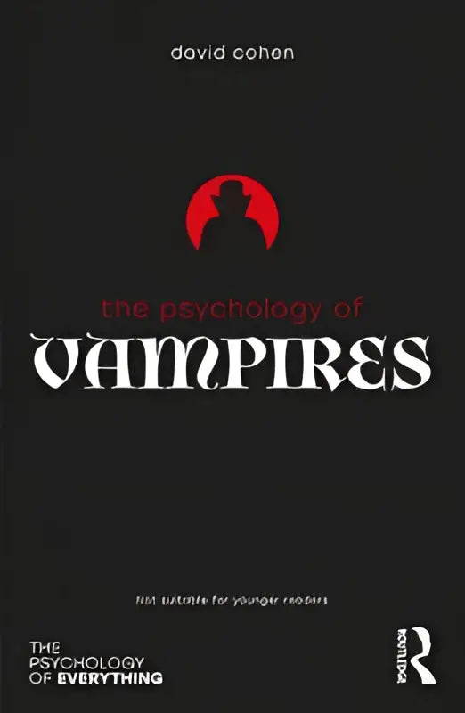 Zwarte hardcover boek the psychology of vampires met witte en rode tekst en gestileerde rode vampier afbeelding