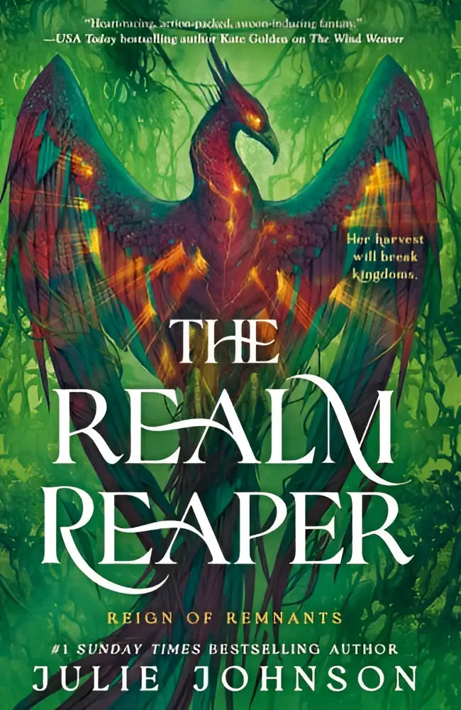 The realm reaper boek met een ornamentele feniks met roodgroene vleugels tegen een weelderige bosachtergrond