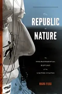 Hardcoverboek the republic of nature met zwart-wit omslag en afbeelding van klimexperts op een sculptuur gezicht