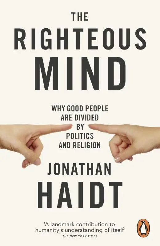 The righteous mind boekcover door jonathan haidt met minimalistisch ontwerp en handen die politiek en goede mensen illustreren