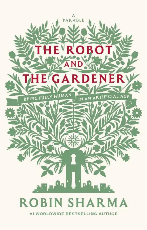 The robot and the gardener book cover with a green tree and a human silhouette holding a keyhole object