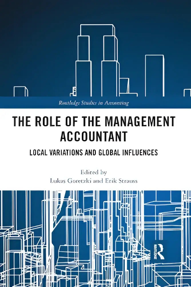Blauw hardcover boek the role of the management accountant met witte lijntekening van stad en focus op local variations and global influences