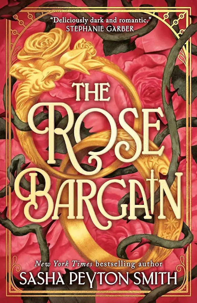 The rose bargain boekomslag met sierlijke gouden rozen en ranken op een rood achtergrond met crèmekleurige letters