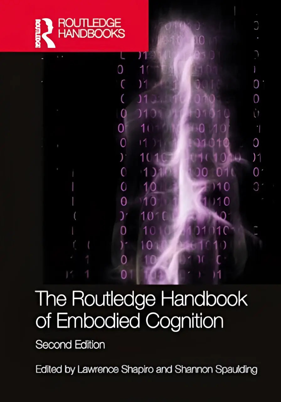 De routledge handbook of embodied cognition tweede editie met een donkeromslag en een menselijke silhouet met gloeiende binaire code