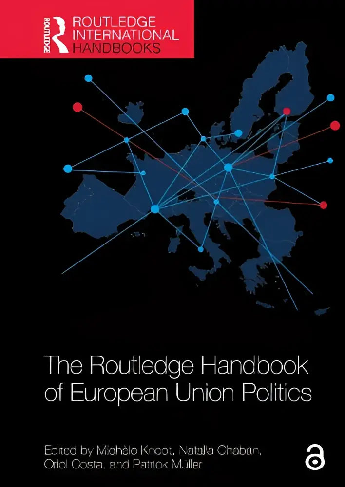 The routledge handbook of european union politics met een zwart omslag en een blauw-rood netwerkkaartontwerp over europa