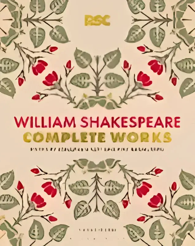 Het rsc shakespeare complete works boek heeft een beige kaft met een gedetailleerd botanisch groen en rood patroon