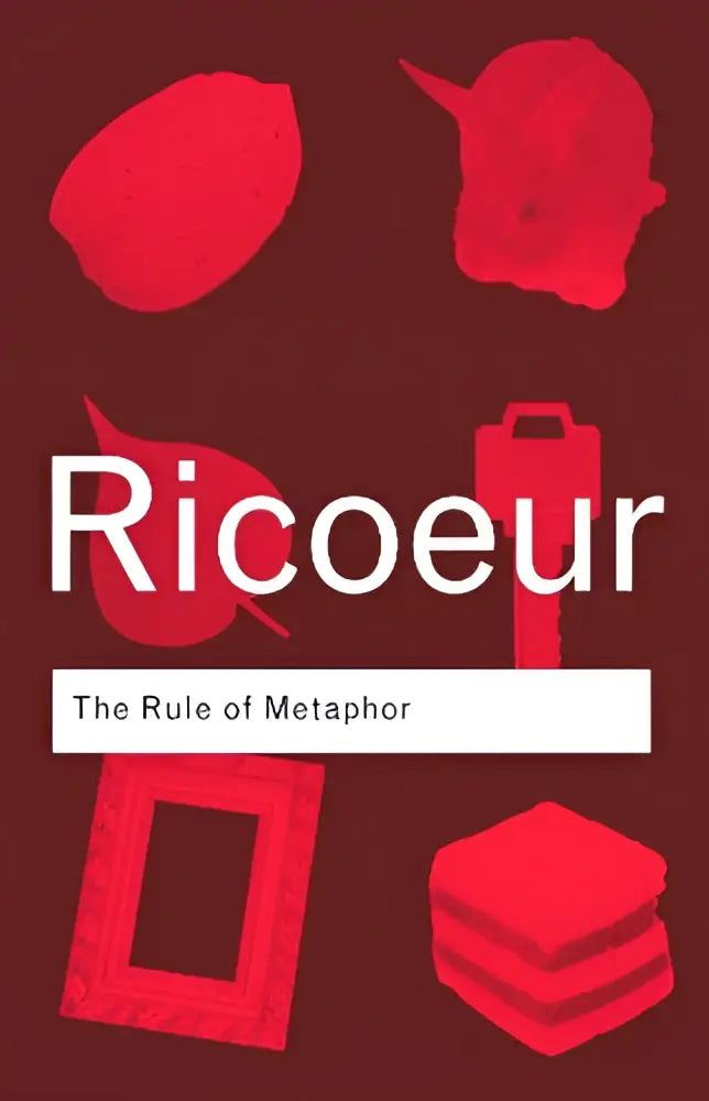 Rood minimalistisch boekomslag van the rule of metaphor met de titel ricoeur en abstracte silhouetten in diepe maroon achtergrond