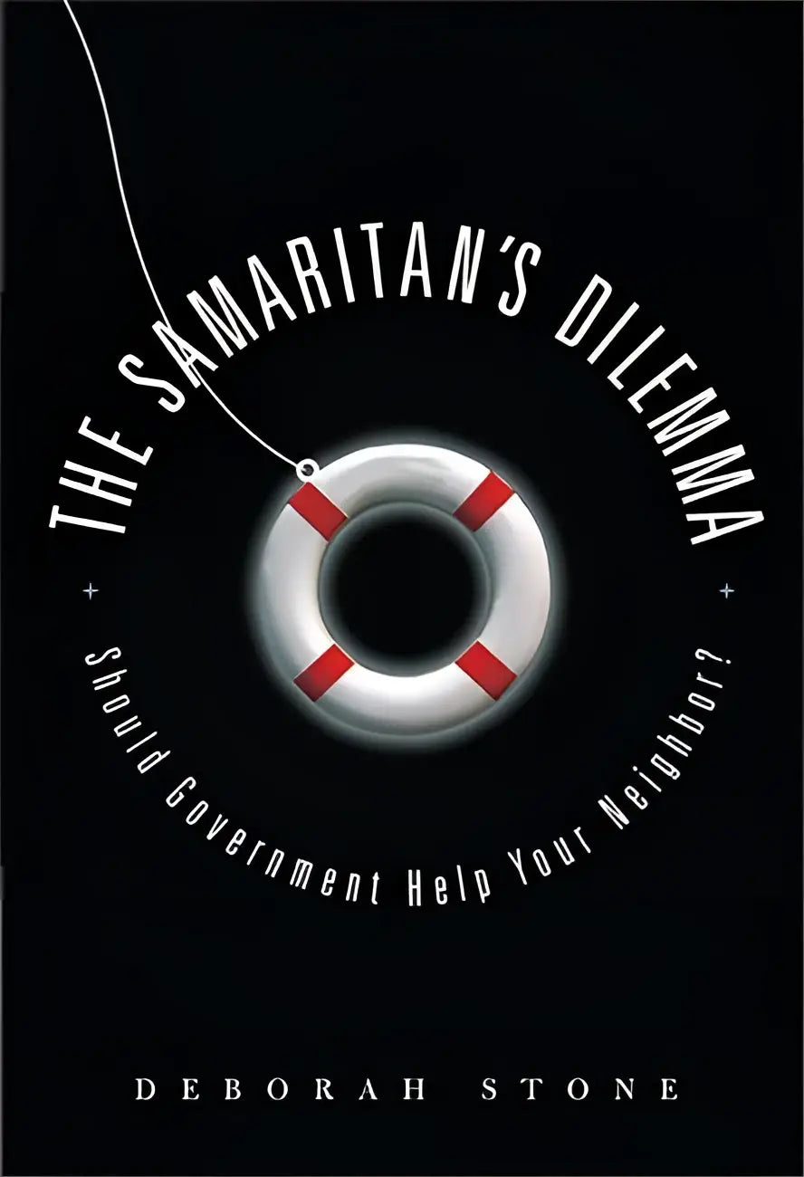Een wit reddingsboei met rode strepen en dun touw centraal, illustratie voor het product the samaritan’s dilemma