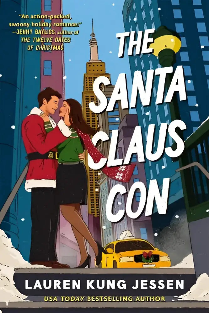 The santa claus con boek omslag toont een levendige illustratie van een man en vrouw in feestelijke kleding in een besneeuwde stad