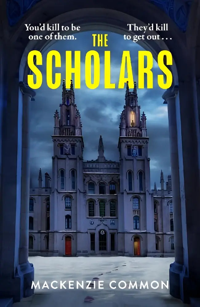 De scholars boekomslag toont een steenachtige gotische universiteitsgebouw met torens onder een schemerlucht van headline publishing group