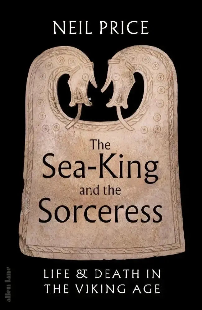 The sea-king and the sorceress book cover with a beige stone artifact featuring intricate carvings and two stylized figures