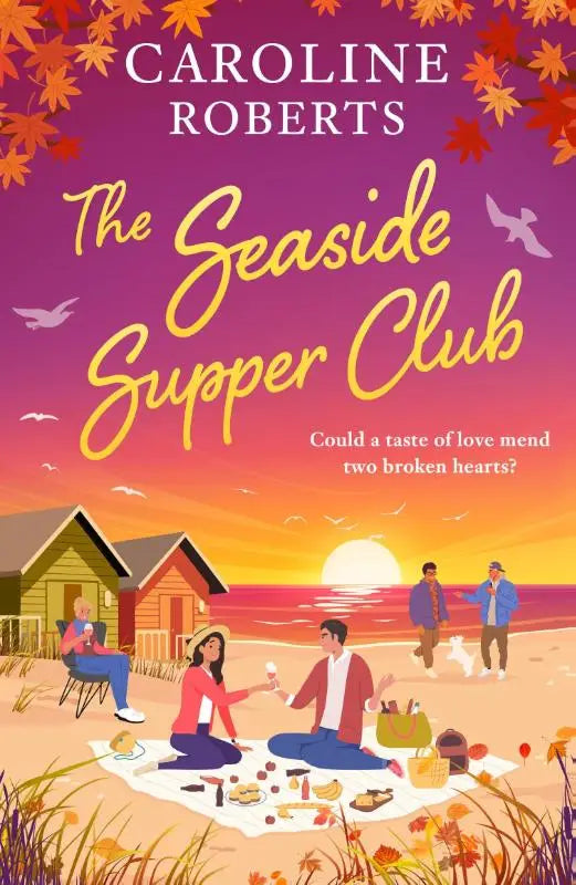 The seaside supper club boekomslag toont een levendige illustratie van mensen die genieten van een picknick aan zee bij zonsondergang