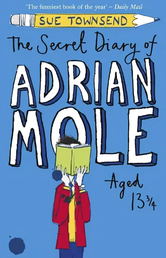 The secret diary of adrian mole aged 13 ¾ bright blue book cover with bold white lettering and boy in red coat illustration