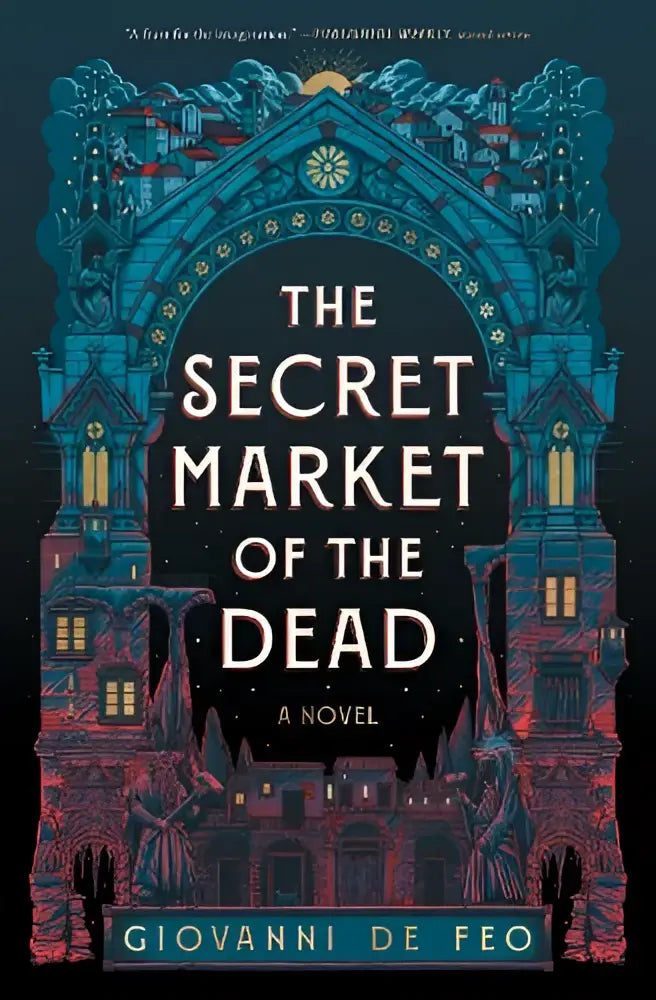 Donkere illustratie van gothic boog met gloeiende ramen op de cover van het boek the secret market of the dead