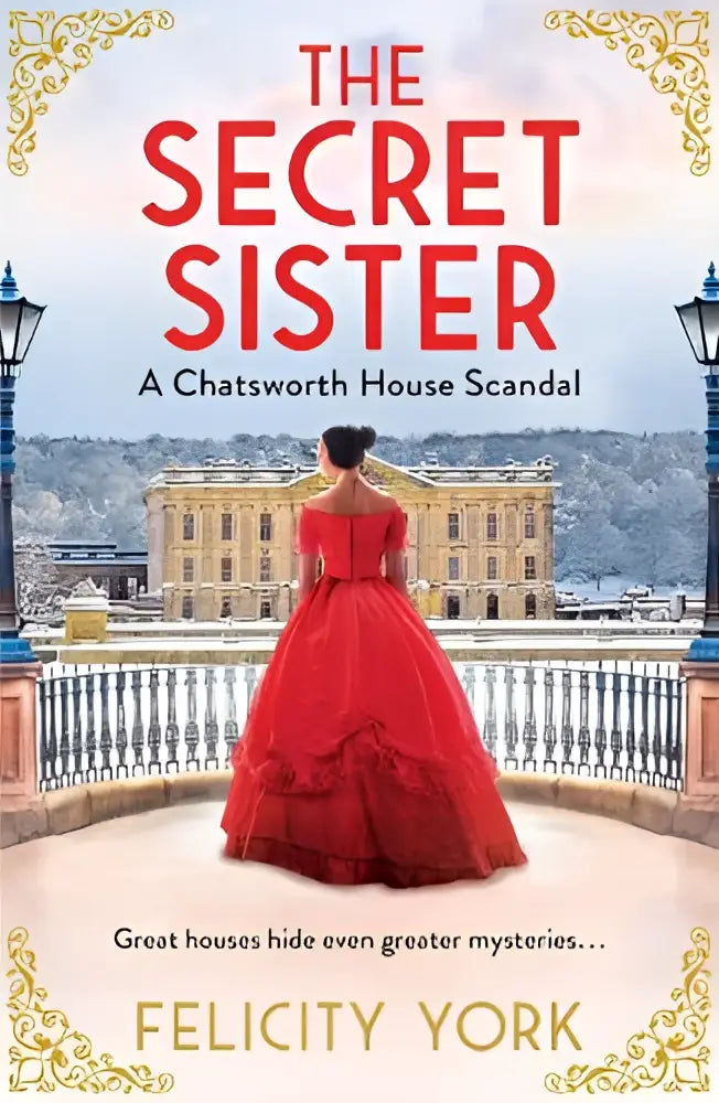 A woman in a vibrant red off-the-shoulder ball gown stands on a bridge in the secret sister chatsworth house scandal