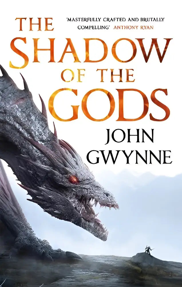 The cover of the shadow of the gods book one of the bloodsworn saga features a menacing gray dragon with red eyes