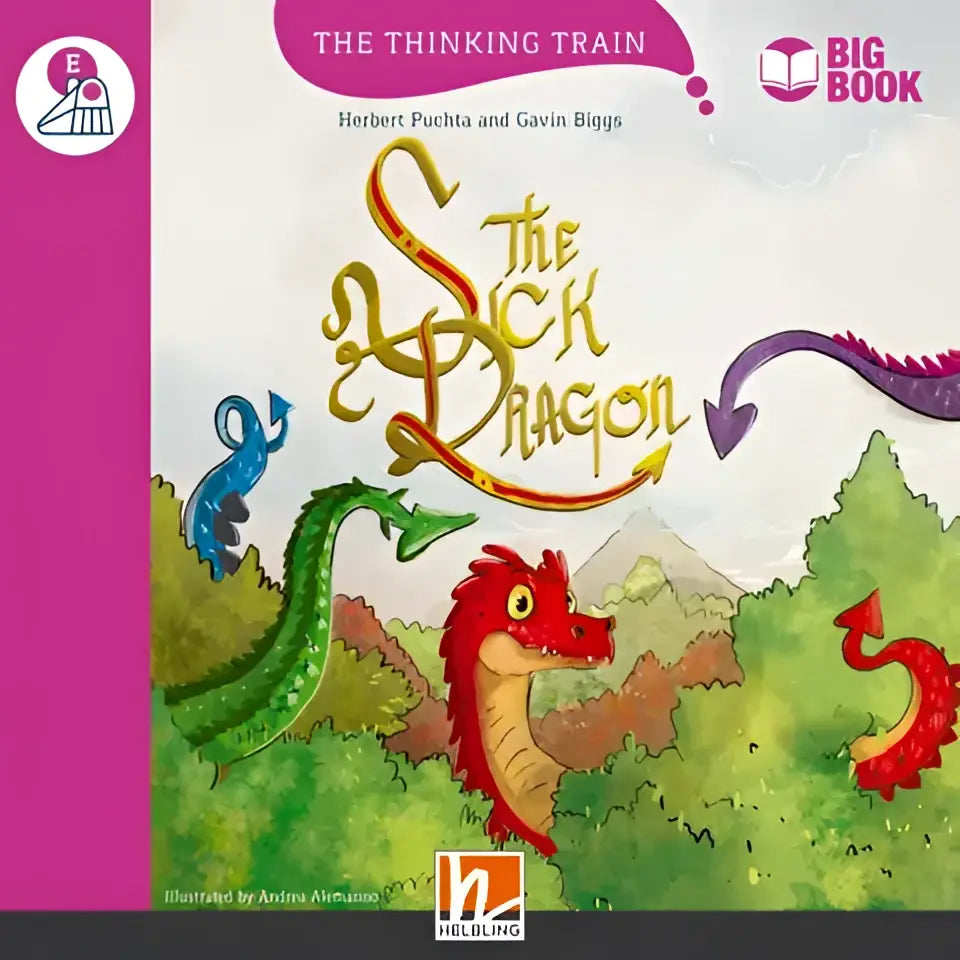 The sick dragon big book cover met rode draak, gele ogen en groene schubben
