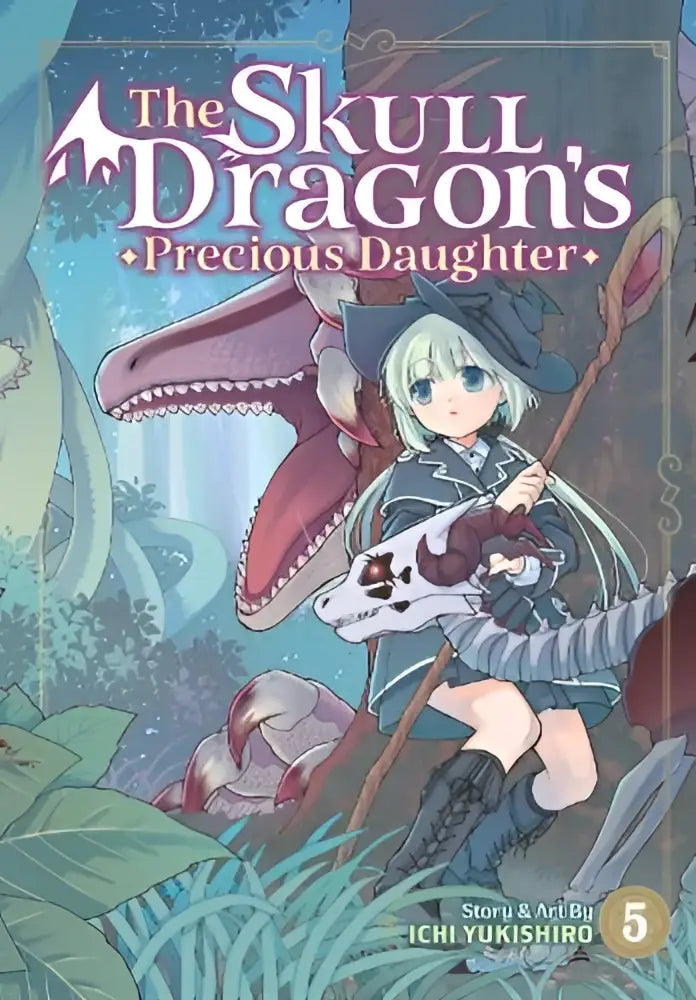 De cover van the skull dragons precious daughter volume 5 met een jonge vrouw in donkere kleding naast een grote roze drakenschedel