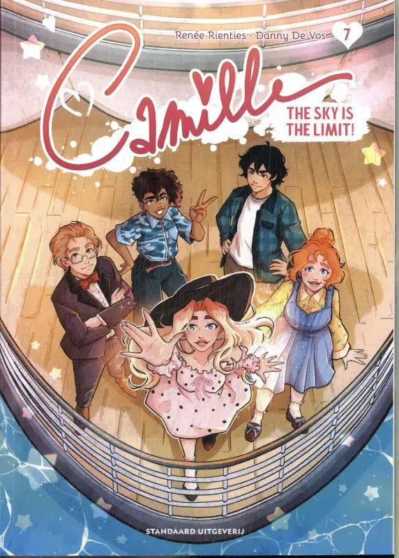 De zevende editie van de camille strips algemeen comic book toont kleurrijke personages op een houten podium met de sky is the limit thema
