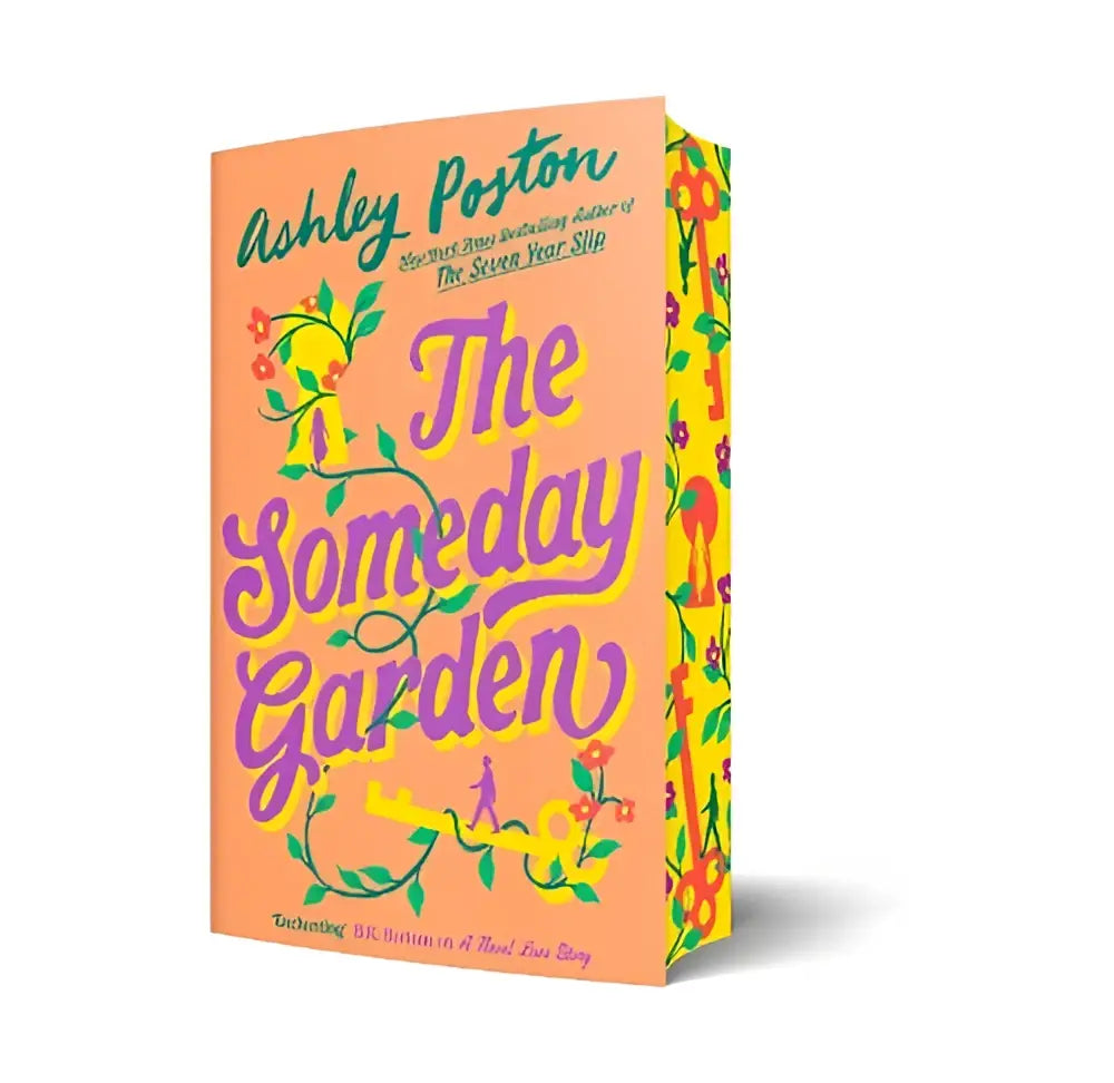 Een levendig oranje hardcover boek the someday garden van Ashley Poston met paarse en gele bloemenillustraties
