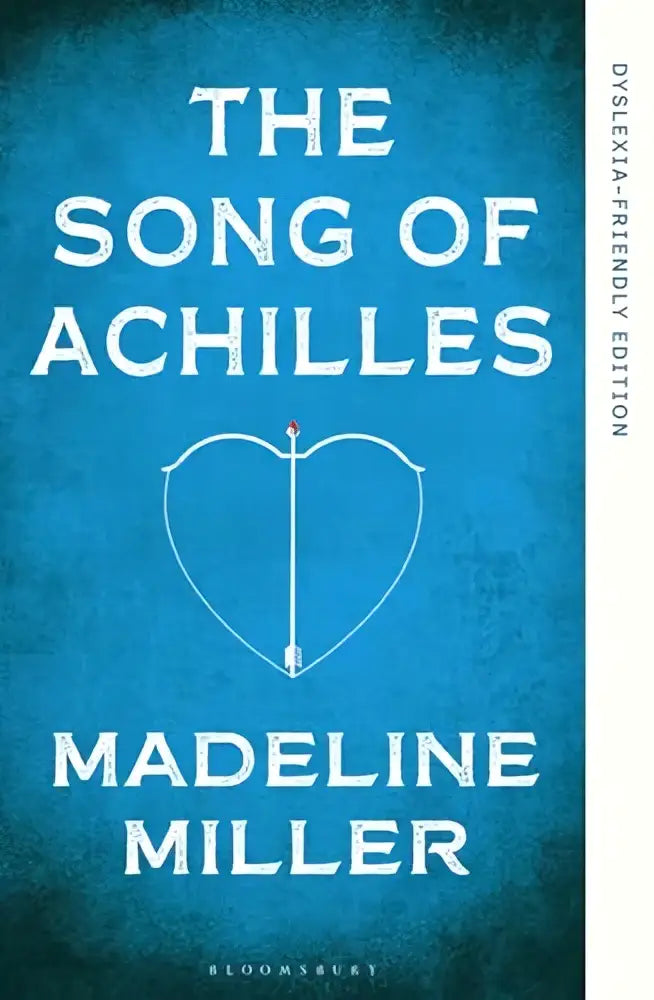 The song of achilles dyslexia-friendly edition boekomslag met blauwe achtergrond en wit tekst en hartvormige pijlboogillustratie