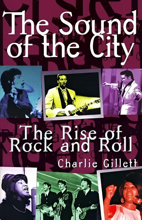 The sound of the city the rise of rock and roll boek met een levendige collage van iconische muzikanten op paarse achtergrond