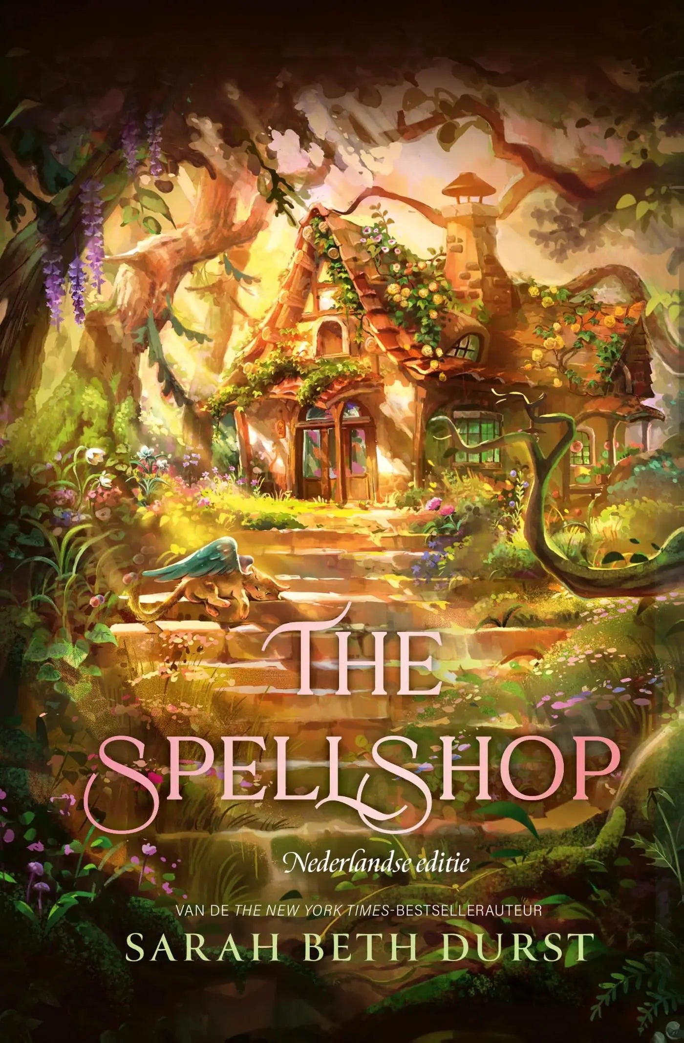 A whimsical ivy-covered thatched roof cottage in a sun-dappled forest from the spellshop by sarah beth durst