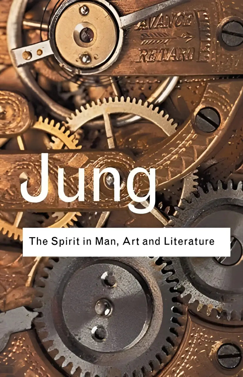 De boekcover toont ingewikkelde koperen en bronzen mechanische tandwielen met de titel jung en de ondertitel the spirit in man art and literature