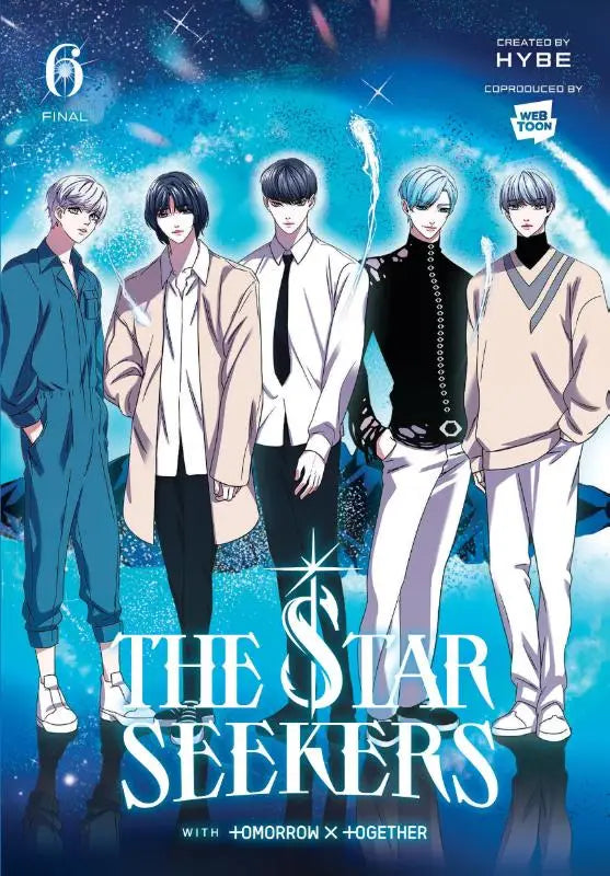 De cover van the star seekers volume 6 toont vijf mannelijke personages voor een kosmische blauwe achtergrond