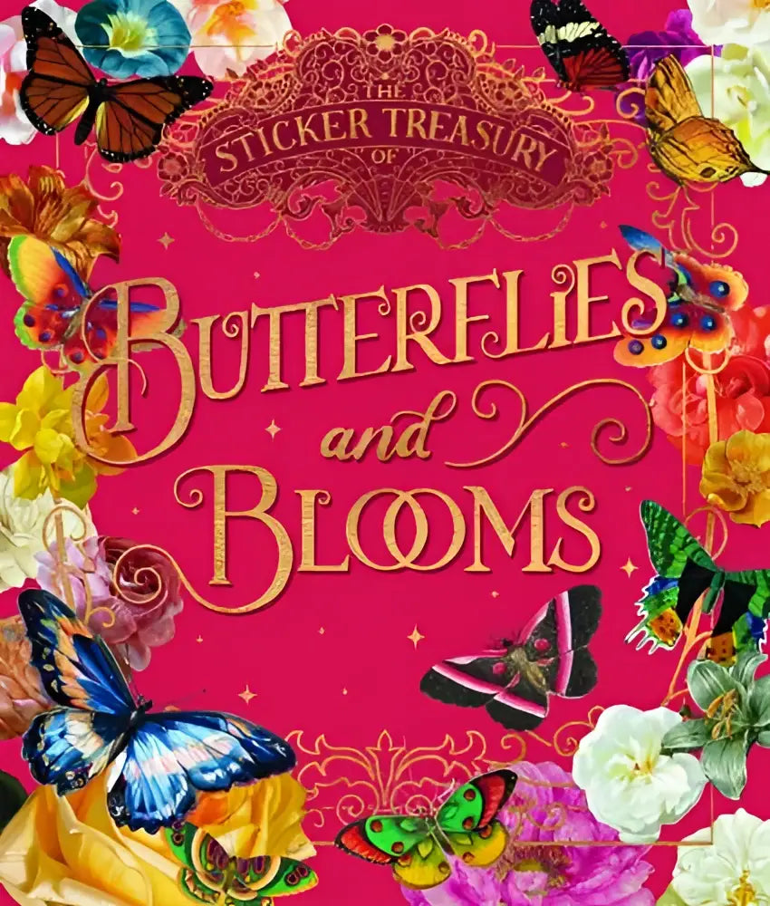 De sticker treasury van beautiful blooms and butterflies heeft een levendige roze omslag met gouden letters en kleurrijke vlinders en bloemen