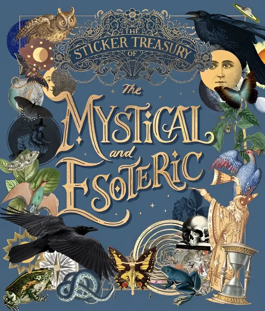 De sticker treasury van the mystical and esoteric toont een diepe blauwe achtergrond met goud gegraveerde mystieke illustraties