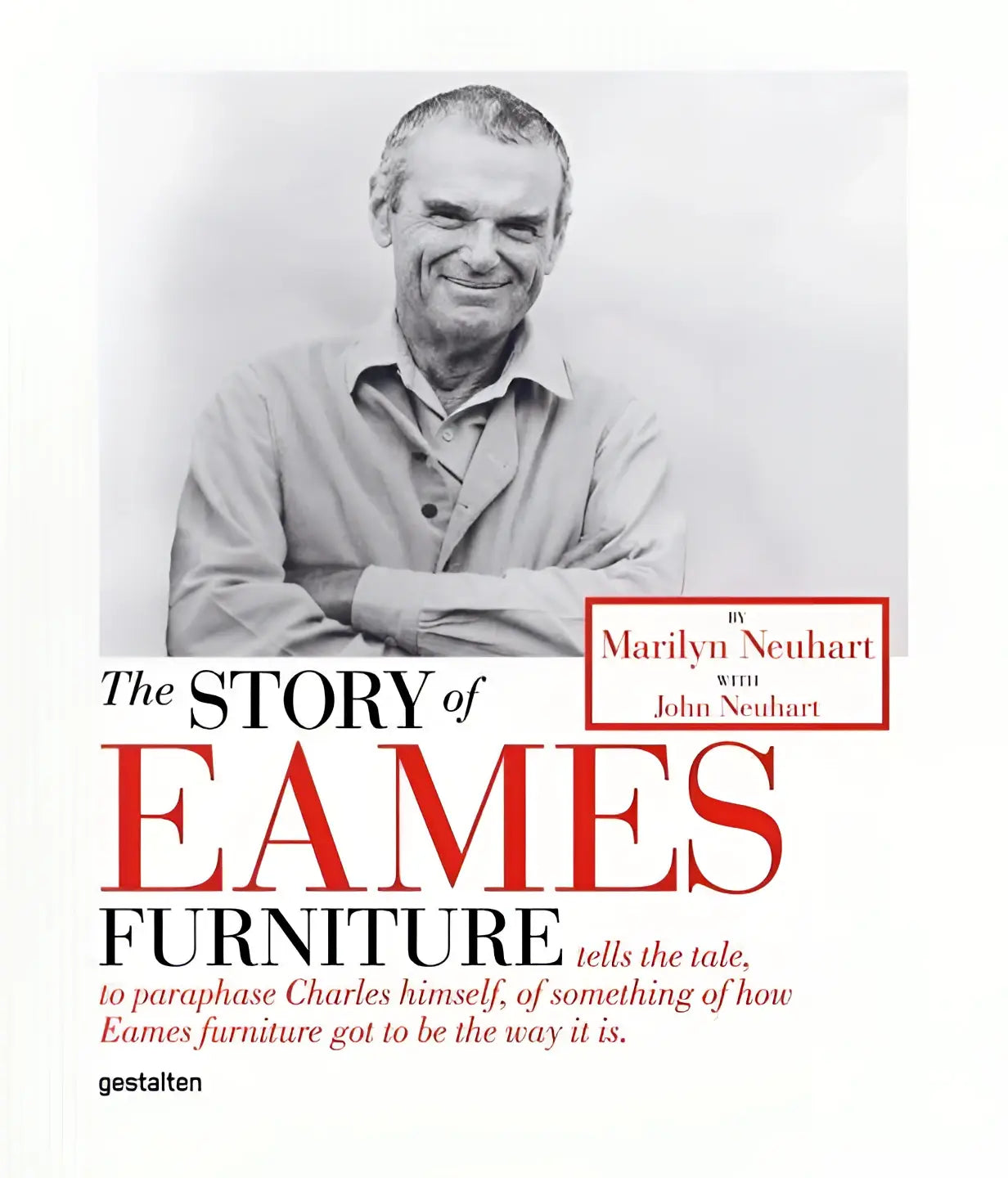 De cover van het boek the story of eames furniture toont een zwartwit portret en gedurfde rode typografie
