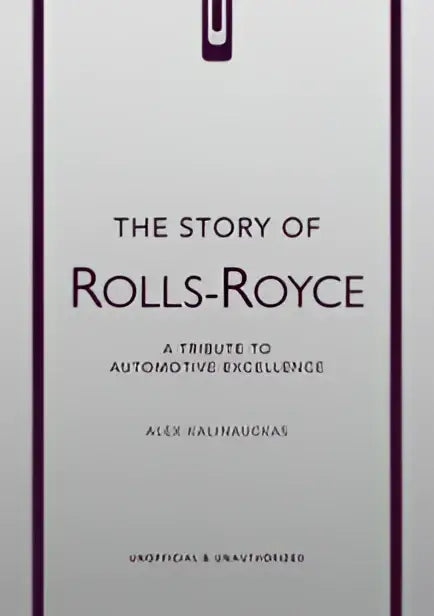 The story of rolls-royce boek met minimalistische witte cover en subtiele bordeauxrode rand als een tribute to automotive excellence