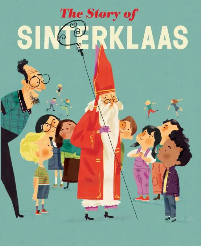 Figuur van sinterklaas in rood-wit met hoge puntmuts en staf met ornament voor jonge lezers verhaal