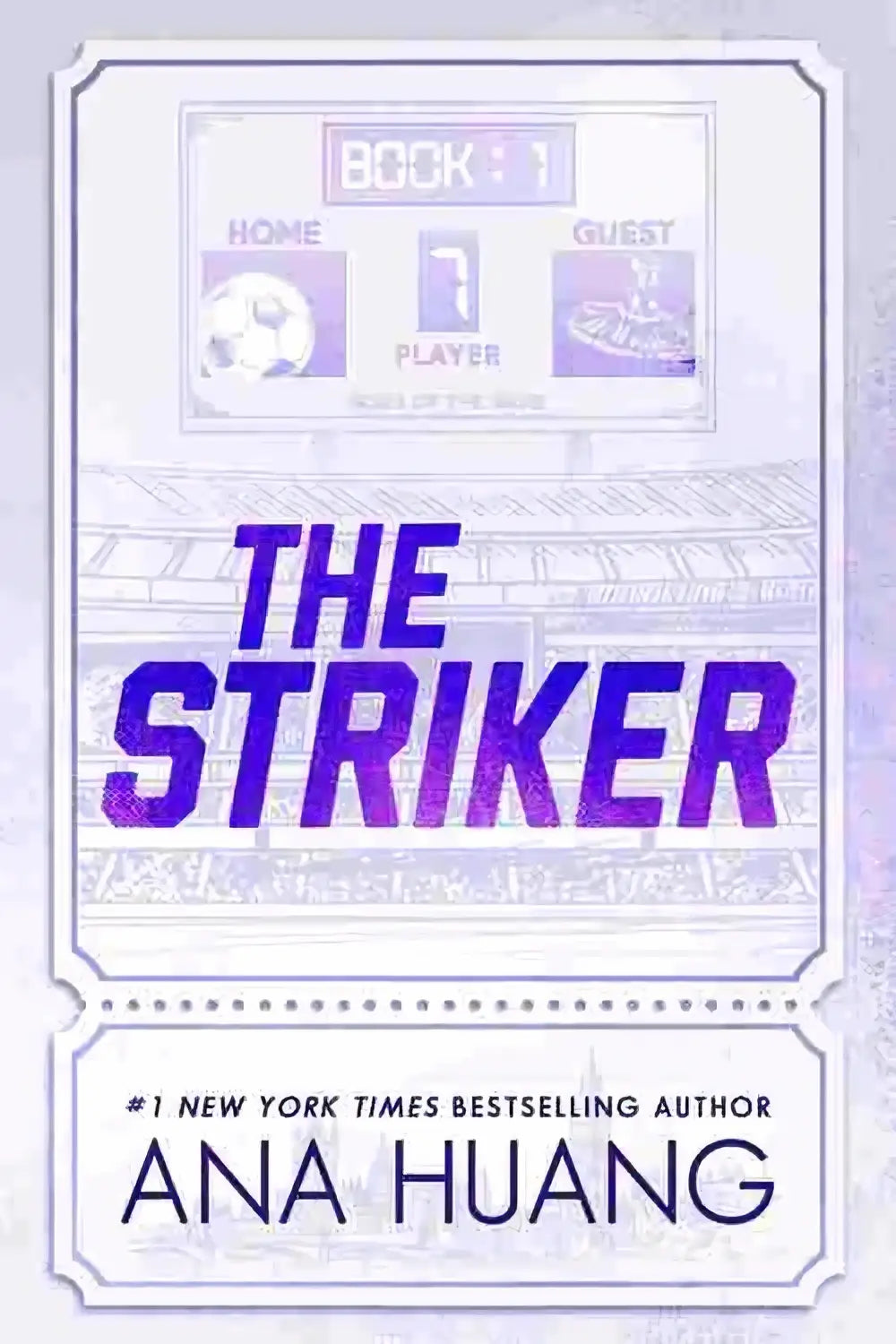 Boekomslag van the striker van ana huang met paarse verloopkleur en vintage sportticket ontwerp