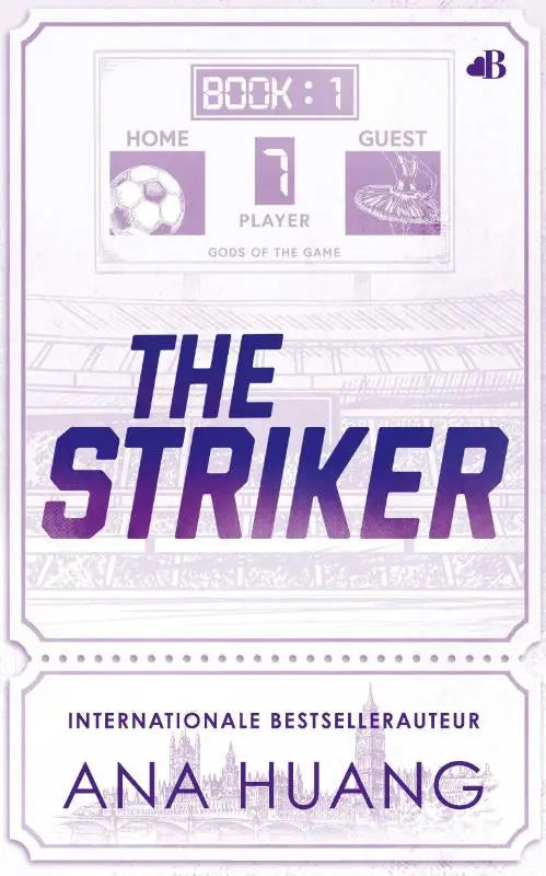Paars-witte boekcover van the striker door ana huang met voetbalthema en scorebordgrafiek