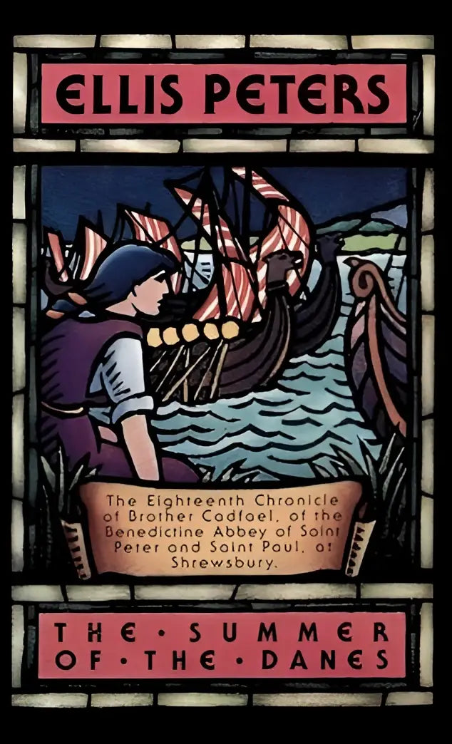 Stained glass boekomslag van the summer of the danes met vikingschip en figuur in rood op zwarte achtergrond