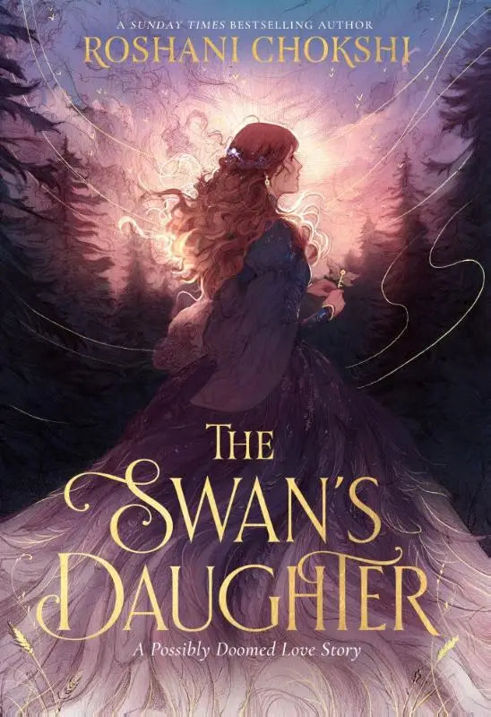 The swans daughter fantasy novel cover featuring a woman in dark blue gown with red hair by roshani chokshi new york times bestseller