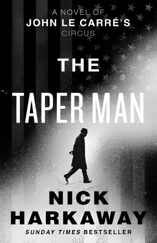 The taper man boekomslag zwart-wit met silhouette van man en sterrenscène met vetgedrukte witte tekst