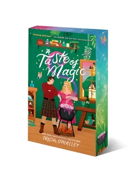 The taste of magic by tricia domalette is a vibrant green book with an illustrated cozy kitchen scene