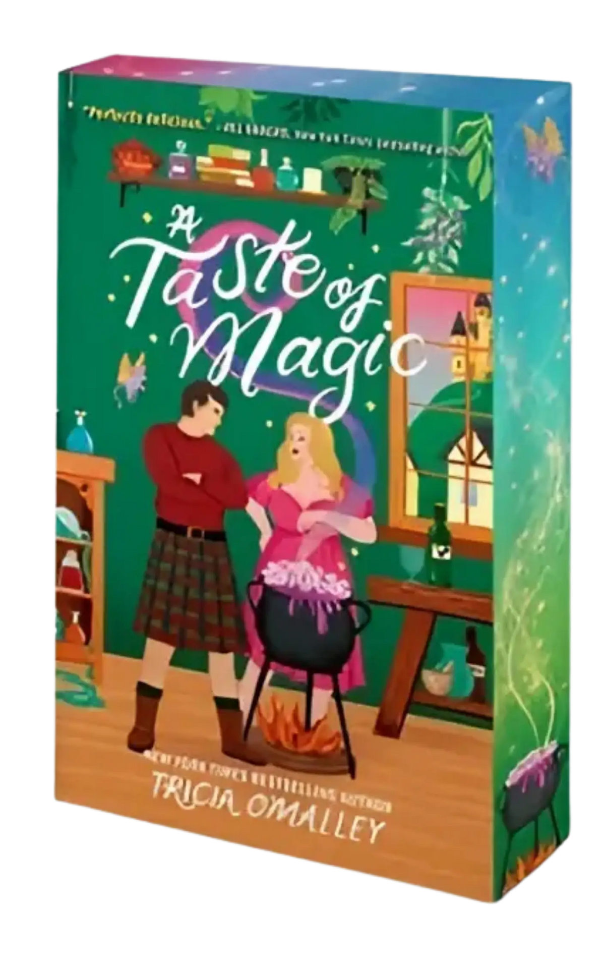 Een levendige groene boekdoos van the taste of magic met gespoten randen en een magisch illustratie deksel