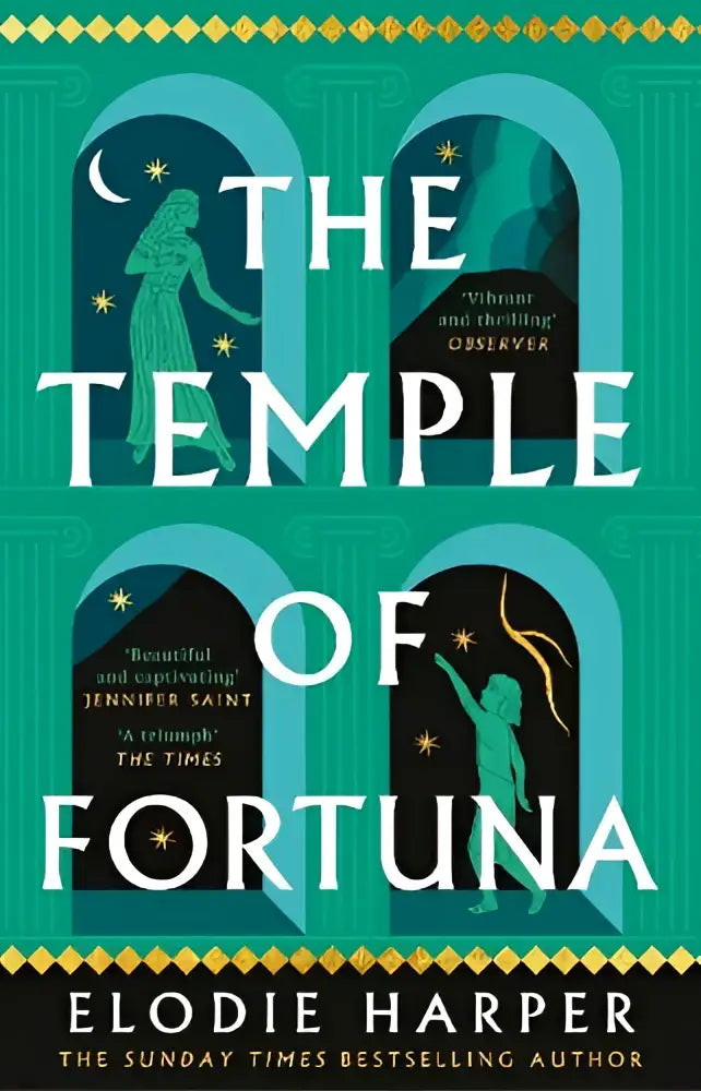 The temple of fortuna teal book cover featuring stylized archways with silhouetted figures for the wolf dramatic final installment