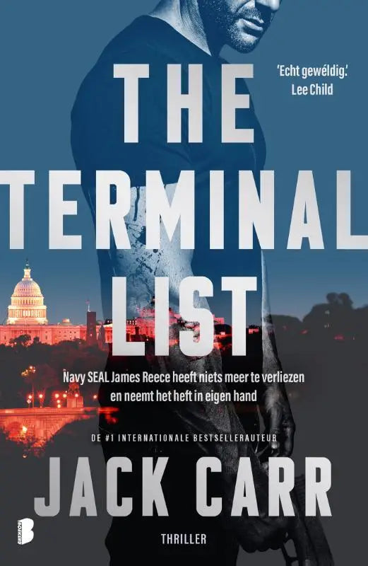 The terminal list thriller novel by jack carr features navy seal james reece in tactical gear on a dark blue cover