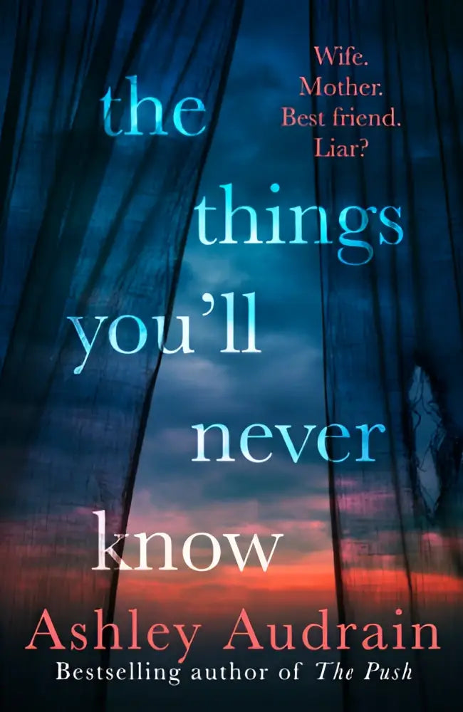 De cover van het boek the things youll never know van ashley audrain toont een sfeervol ontwerp met houten latten en een schemerlucht