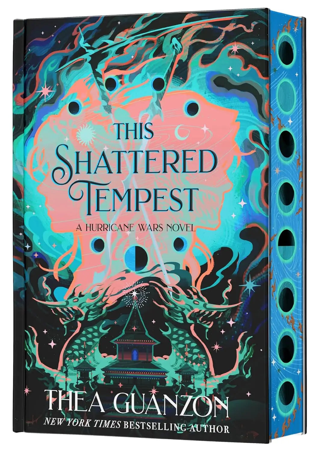 Hardcover boek the this shattered tempest deluxe limited edition met teal en koraal kosmisch ontwerp en uitgesneden rug