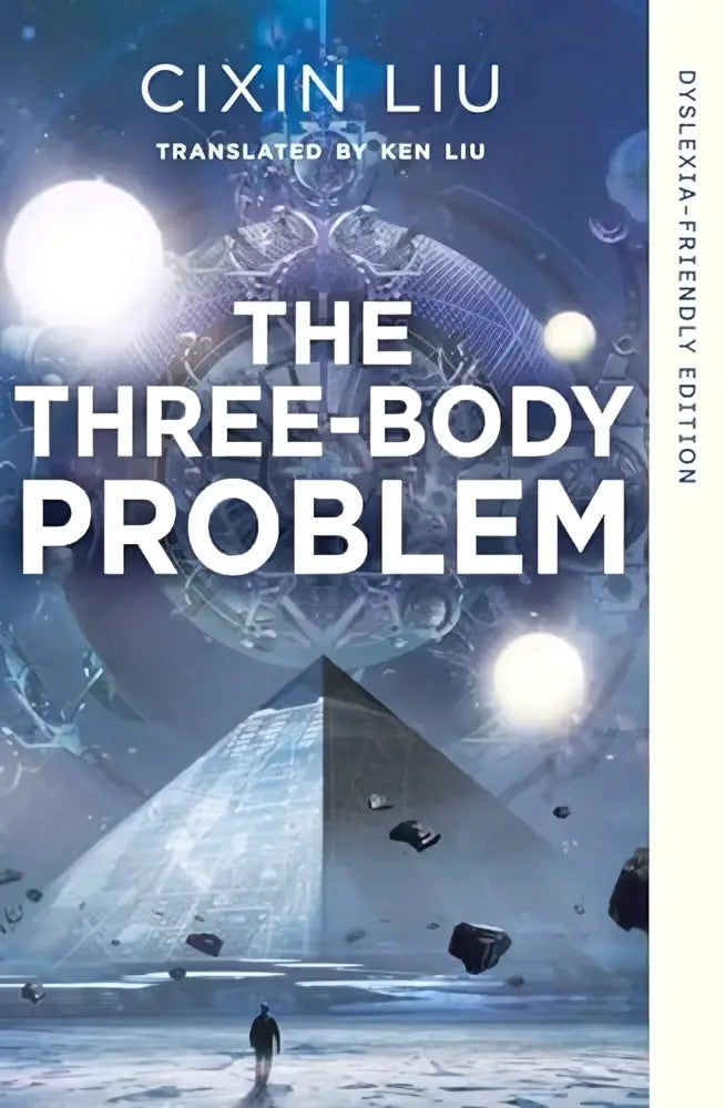 The three-body problem dyslexia-friendly edition boekcover met futuristisch kosmisch ontwerp en gloeiende orbs
