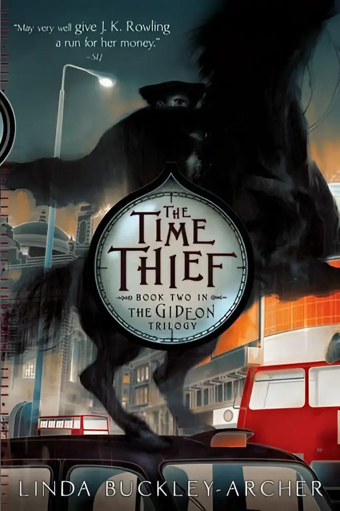 The time thief boekomslag toont een zwart paard met ruiter tegen een stedelijke achtergrond en een circulair titelembleem